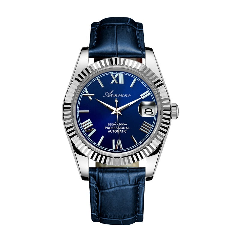Armorino New Era – Blue Edition Reloj Automático Plata con Dial Azul y Correa de Acero y Cuero Azul