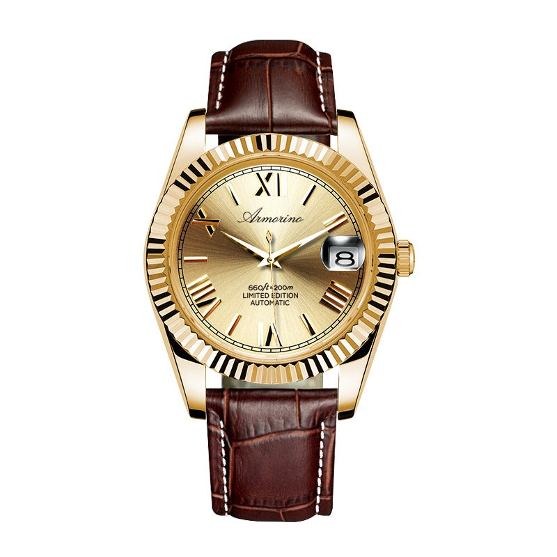 Armorino New Era – Gold Edition Reloj Automático Dorado con Correa de Acero y Cuero