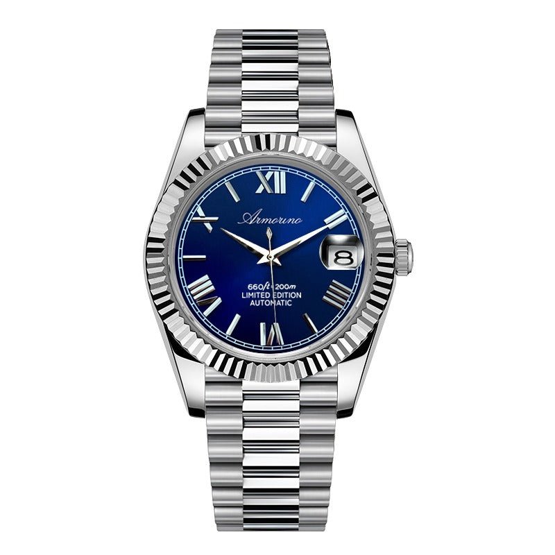 Armorino New Era – Blue Edition Reloj Automático Plata con Dial Azul y Correa de Acero y Cuero Azul