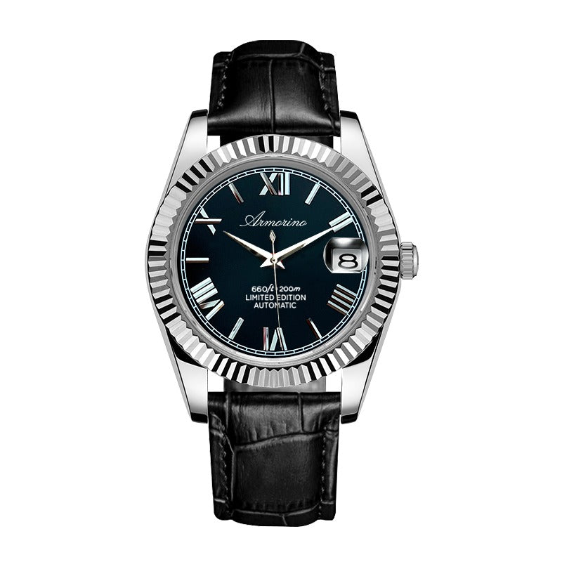 Armorino New Era – Black Edition Reloj Automático Plata con Dial Negro y Correa de Acero y Cuero Negro