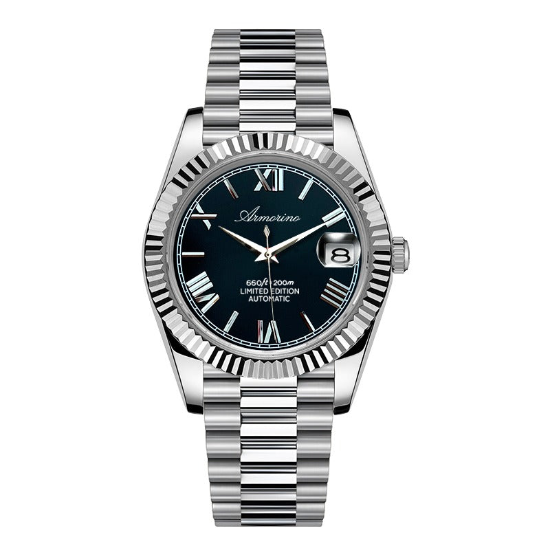 Armorino New Era – Black Edition Reloj Automático Plata con Dial Negro y Correa de Acero y Cuero Negro