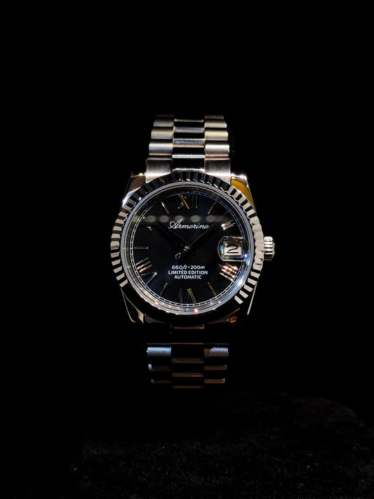 Armorino New Era – Black Edition Reloj Automático Plata con Dial Negro y Correa de Acero y Cuero Negro