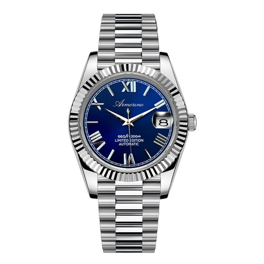 Armorino New Era – Blue Edition Reloj Automático Plata con Dial Azul y Correa de Acero y Cuero Azul