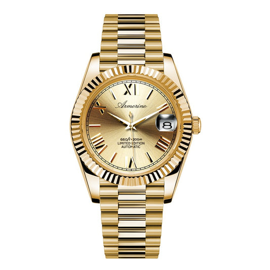 Armorino New Era – Gold Edition Reloj Automático Dorado con Correa de Acero y Cuero